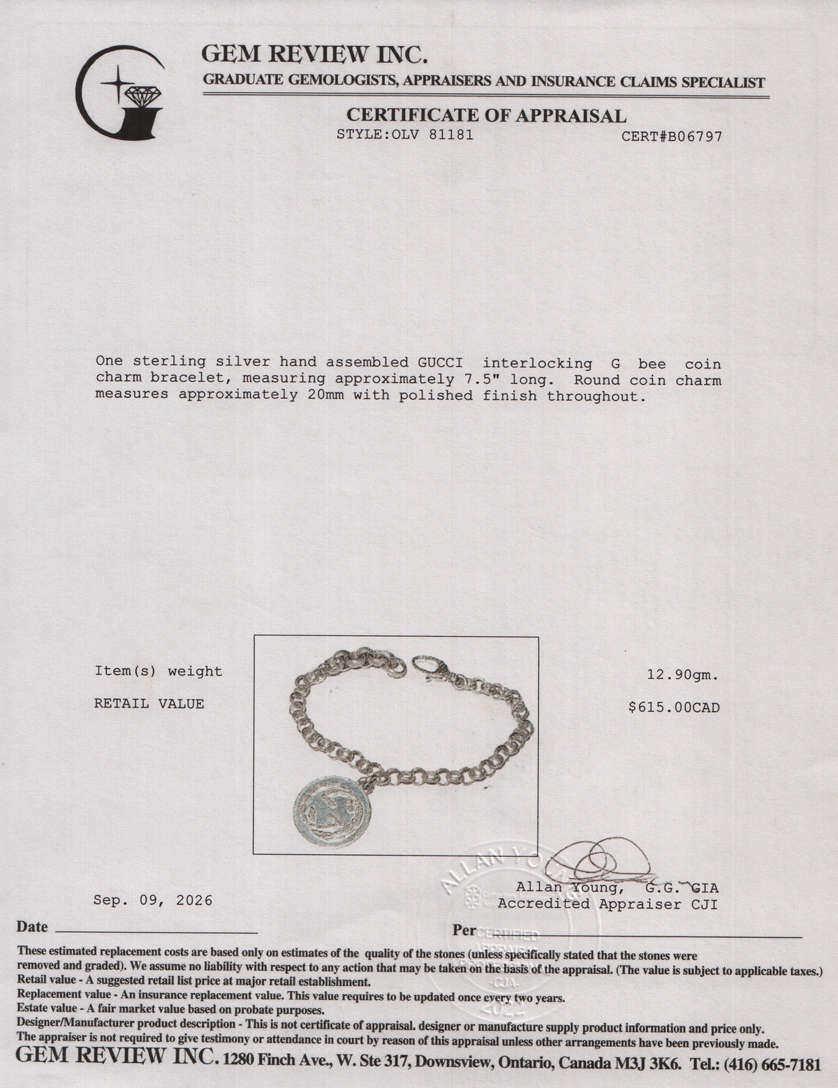 Gucci Sterling Silver Interlocking G Bee Coin Charm Bracelet