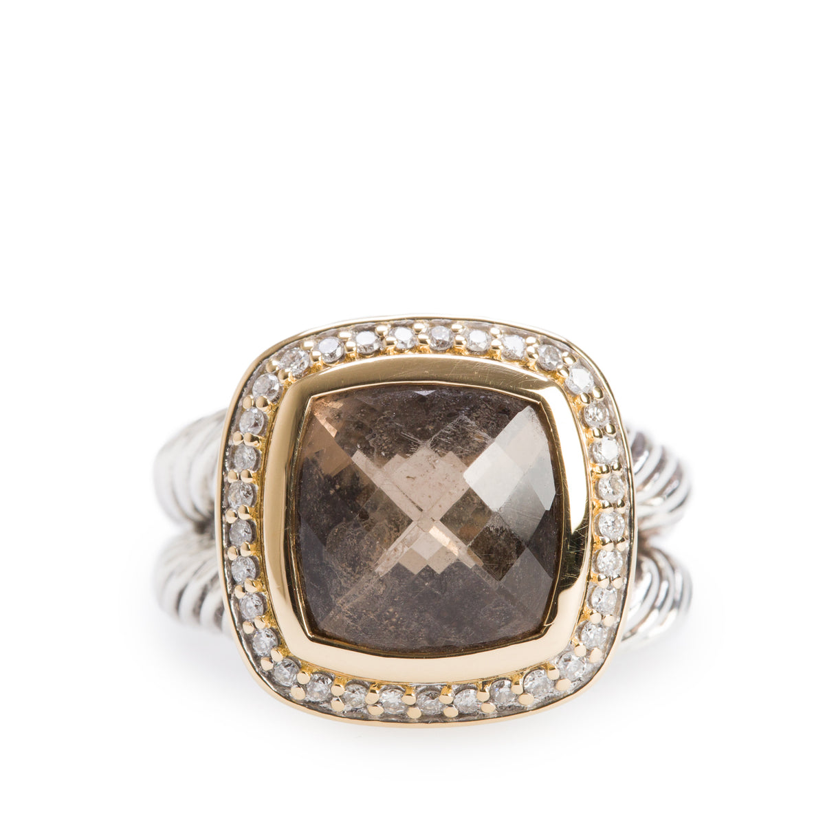 David Yurman Sterling Silver and 18k Yellow Gold Albion Ring with 11 MM Smoky Quartz & Diamonds, Size 6.75