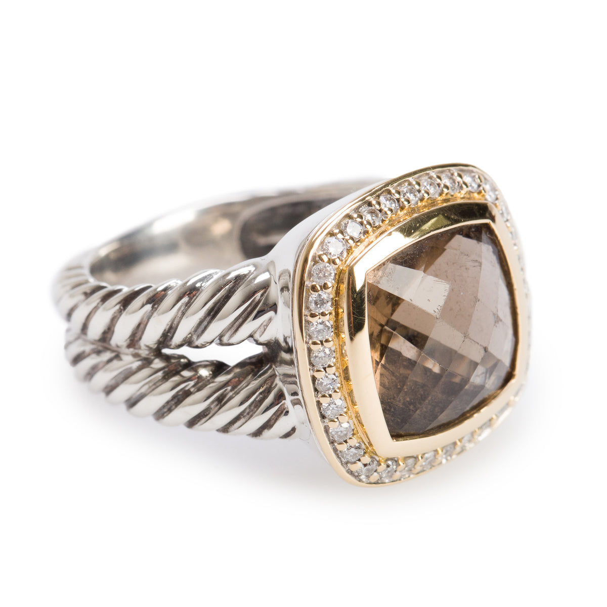 David Yurman Sterling Silver and 18k Yellow Gold Albion Ring with 11 MM Smoky Quartz & Diamonds, Size 6.75