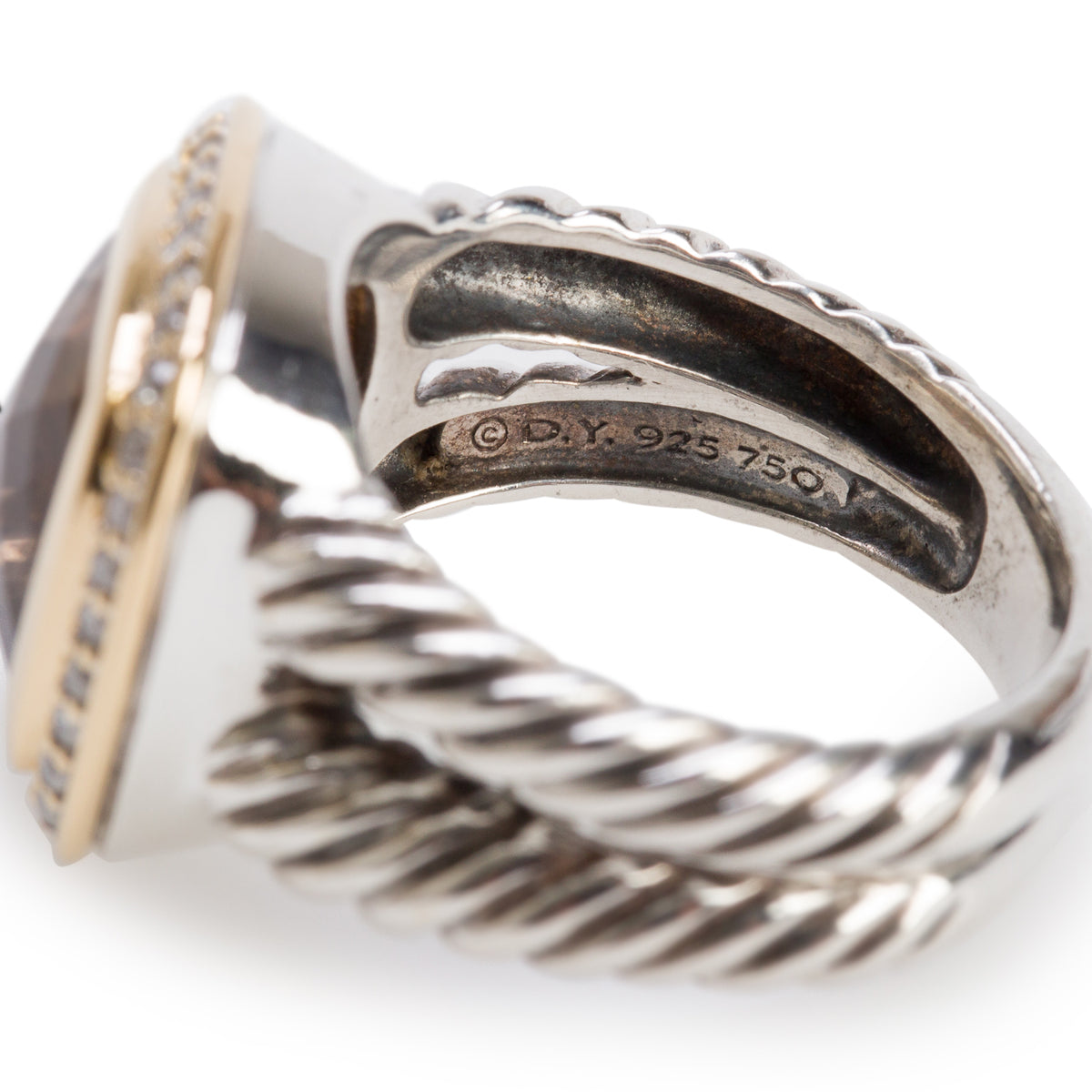 David Yurman Sterling Silver and 18k Yellow Gold Albion Ring with 11 MM Smoky Quartz & Diamonds, Size 6.75