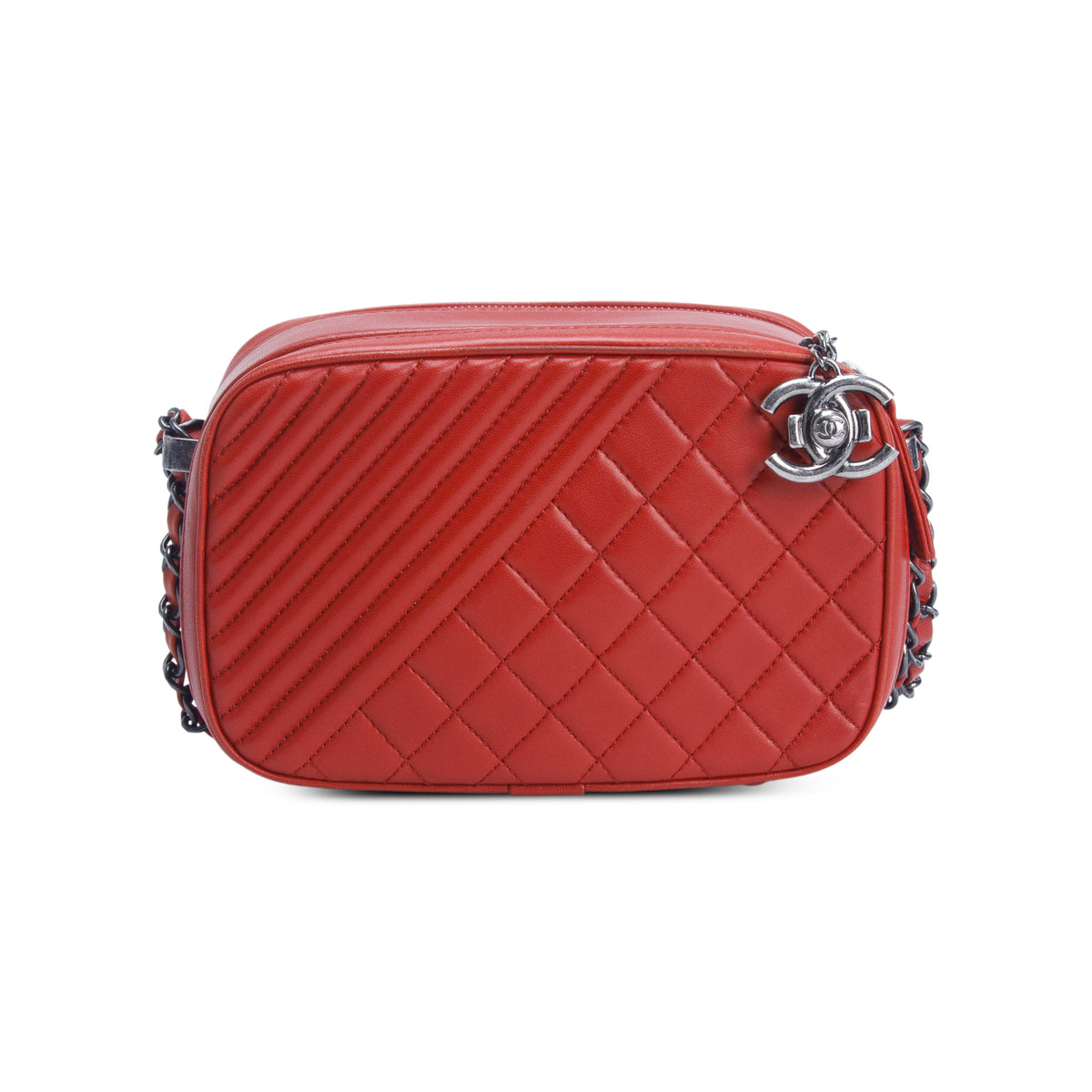 Chanel Red Lambskin Quilted Small Coco Boy Camera Bag w/ Authenticity Card