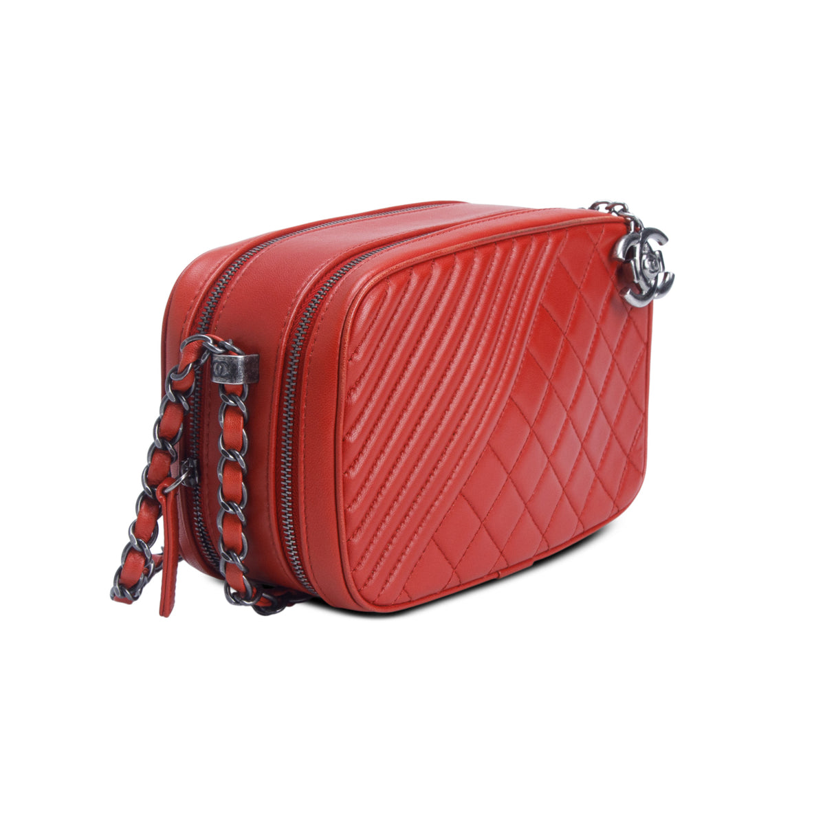 Chanel Red Lambskin Quilted Small Coco Boy Camera Bag w/ Authenticity Card