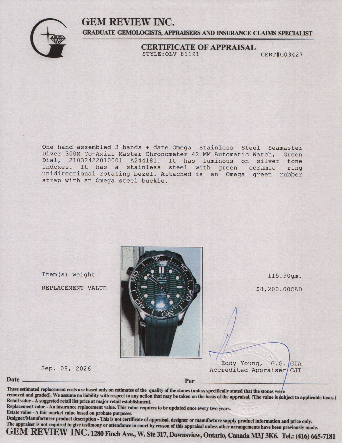Omega 2024 Stainless Steel Seamaster Diver 300M Co-Axial Master Chronometer 42 MM Automatic Watch Green Dial w/ Box & Papers