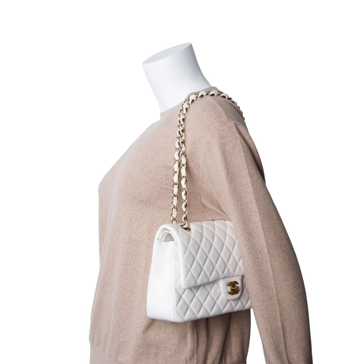Chanel White Caviar Quilted Medium Double Flap Bag