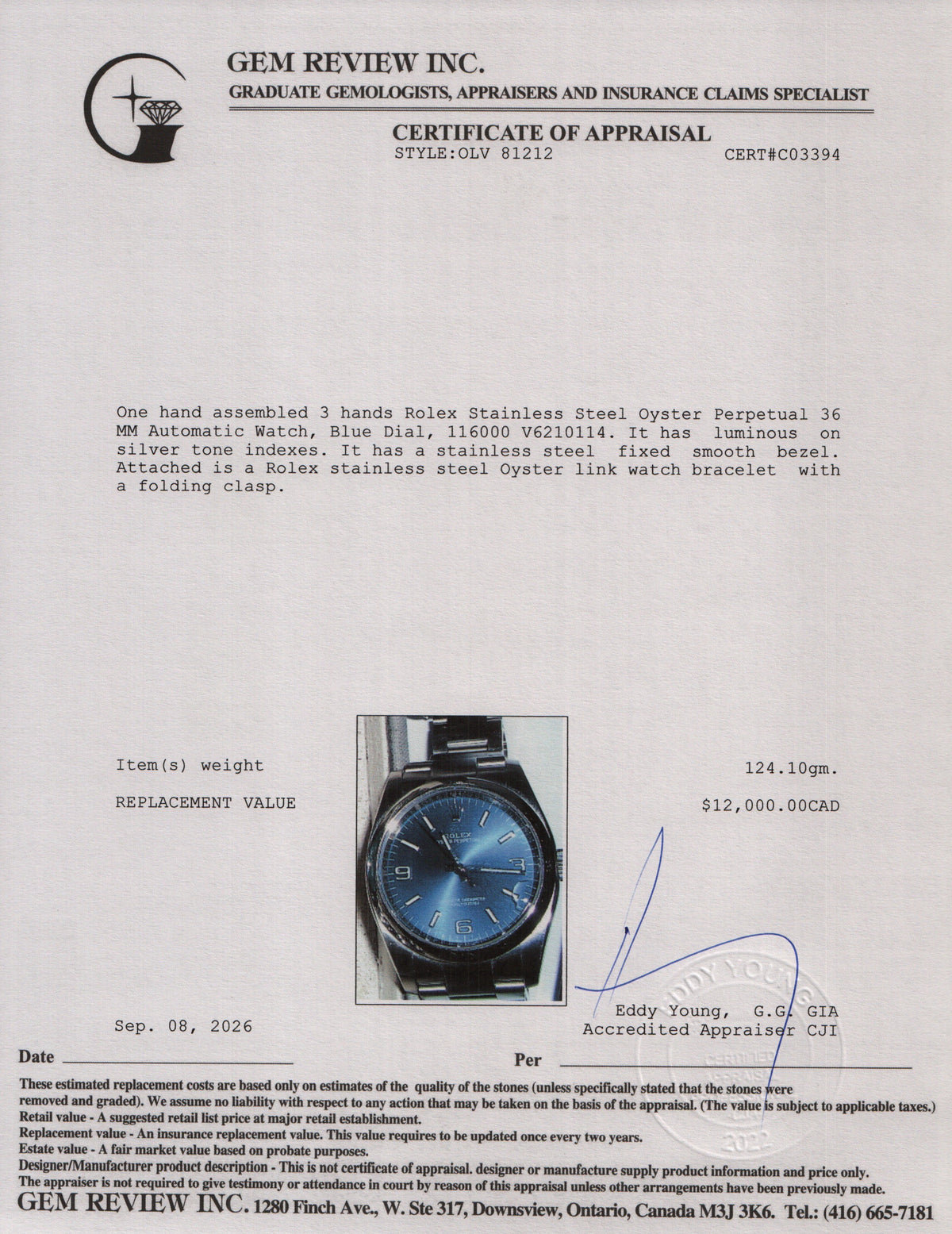 Rolex Stainless Steel Oyster Perpetual 36 MM Watch Blue Dial 116000 w/ Box & Papers