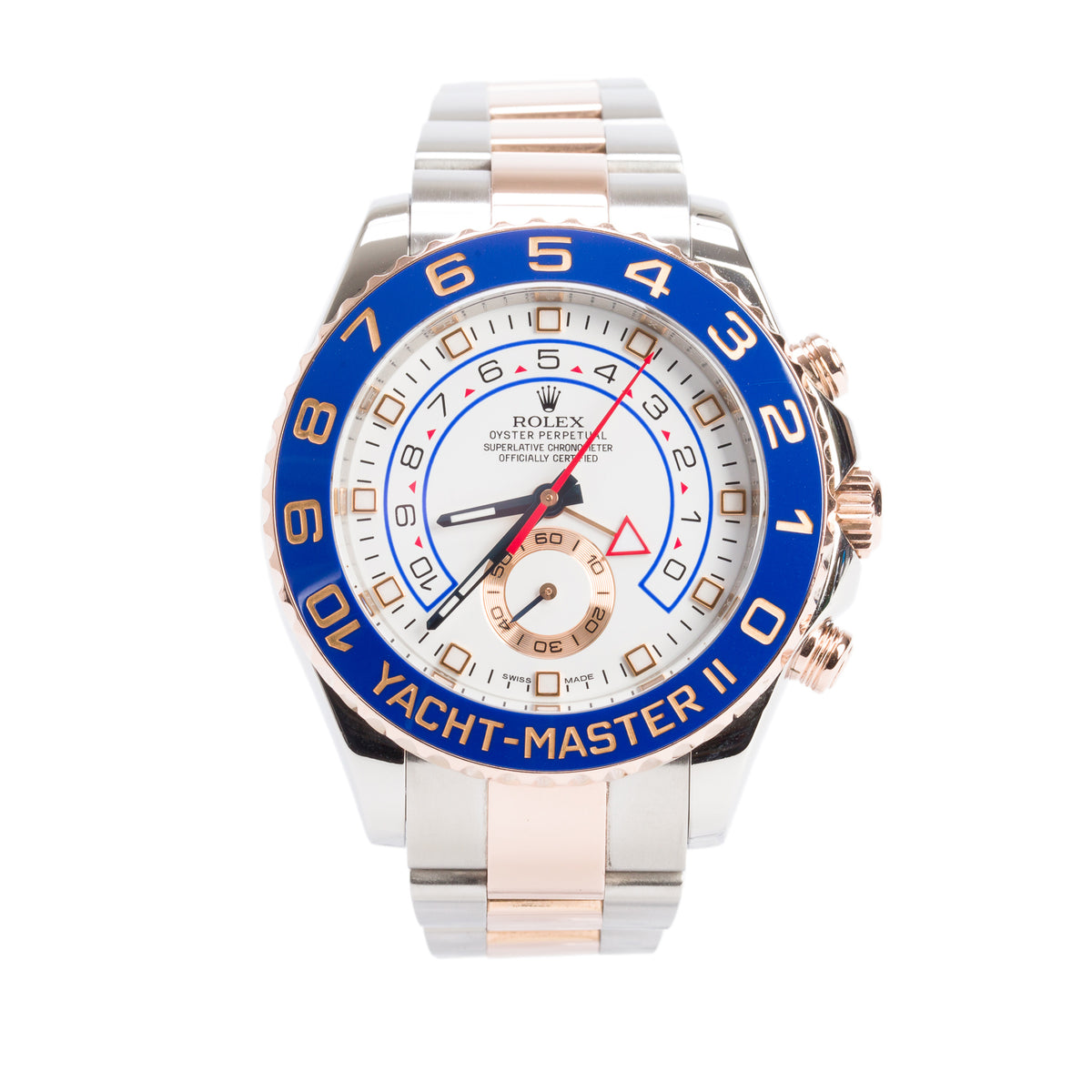 Rolex Stainless Steel & 18k Rose Gold Yacht-Master II 44 MM Automatic Chronograph Watch Blue Bezel White Dial 116681 w/ Box & Papers