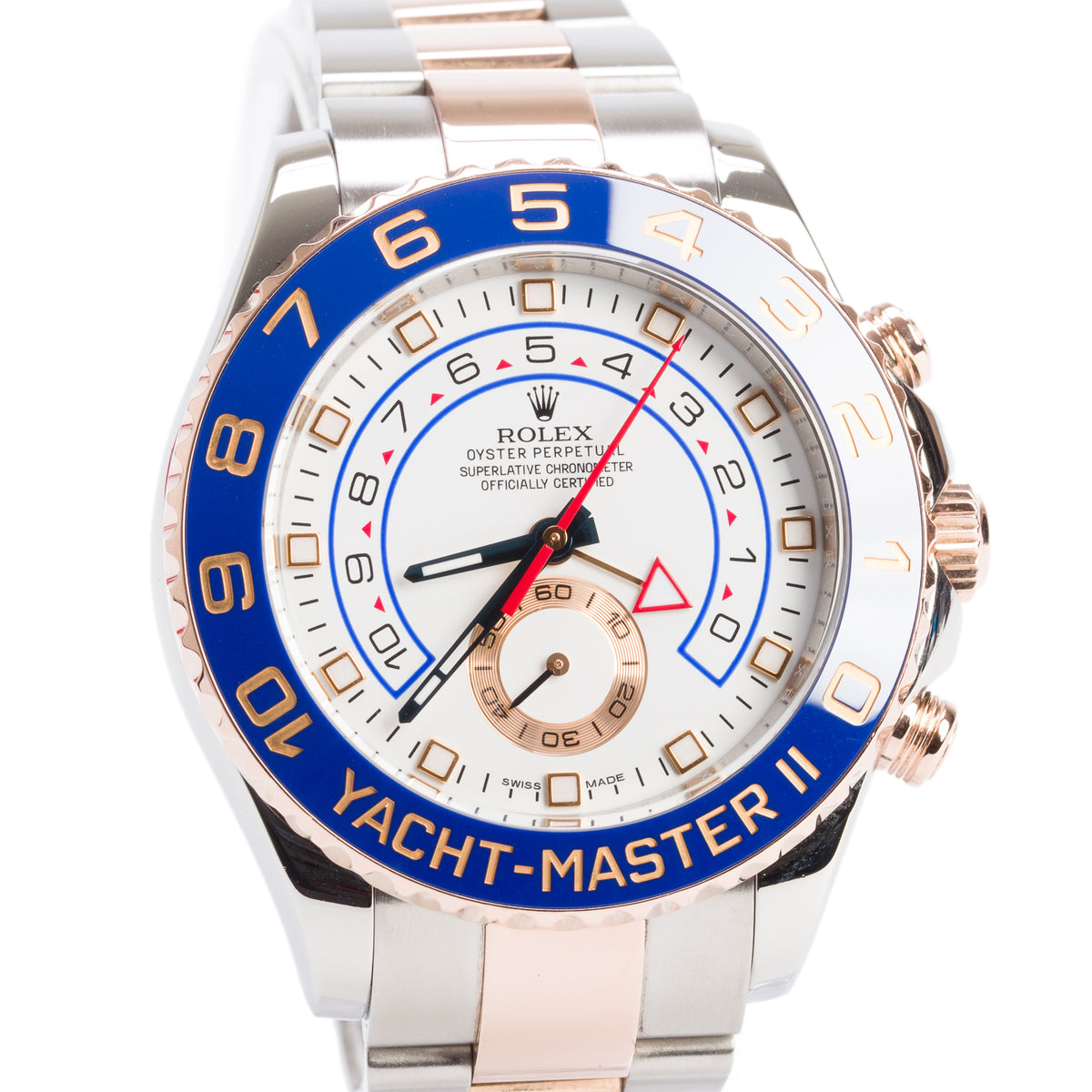 Rolex Stainless Steel & 18k Rose Gold Yacht-Master II 44 MM Automatic Chronograph Watch Blue Bezel White Dial 116681 w/ Box & Papers