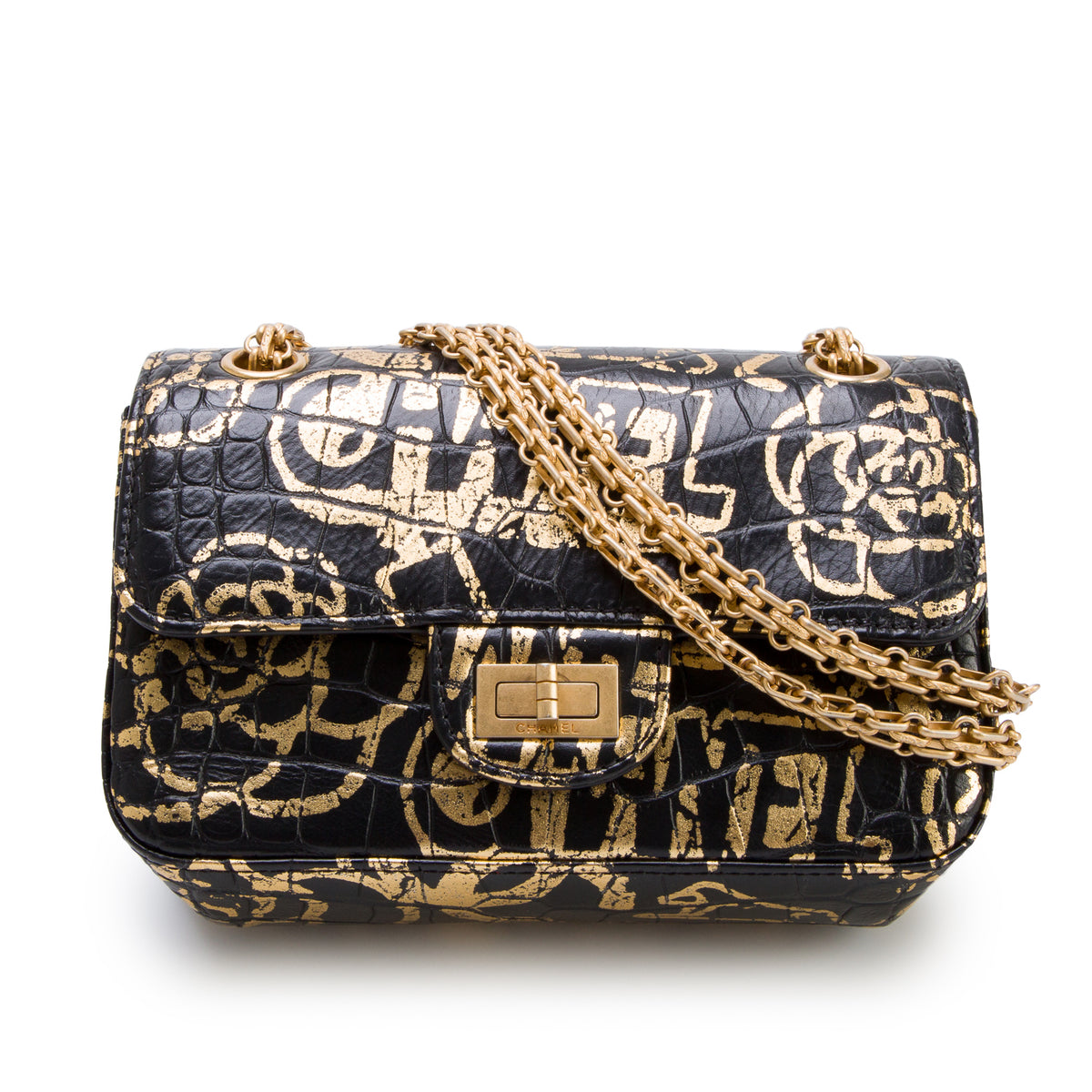 Chanel Black Calfskin Croc Embossed Graffiti 2.55 Mini Reissue Flap Bag w/ Box, Authenticity Card & Receipt