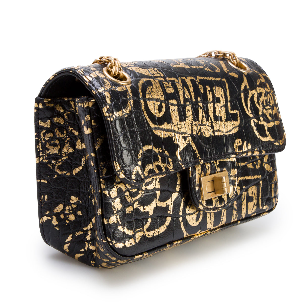 Chanel Black Calfskin Croc Embossed Graffiti 2.55 Mini Reissue Flap Bag w/ Box, Authenticity Card & Receipt