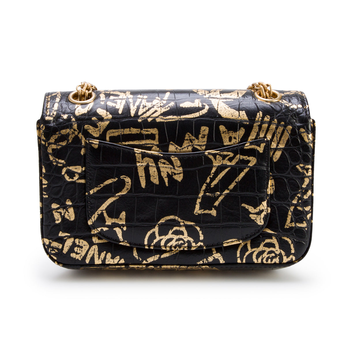 Chanel Black Calfskin Croc Embossed Graffiti 2.55 Mini Reissue Flap Bag w/ Box, Authenticity Card & Receipt