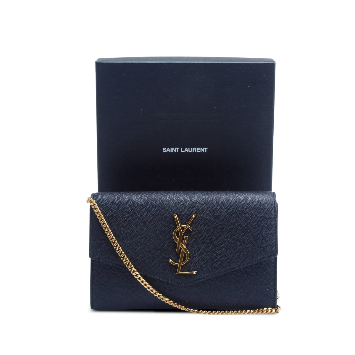 Saint Laurent 2022 Black Grain De Poudre Monogram Uptown Chain Wallet w/ Box