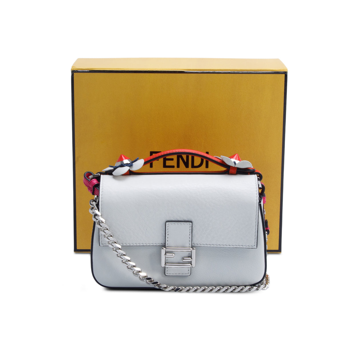 Fendi Pink/White Vitello Dolce Nappa Flowerland Tri-Color Micro Double Baguette w/ Box