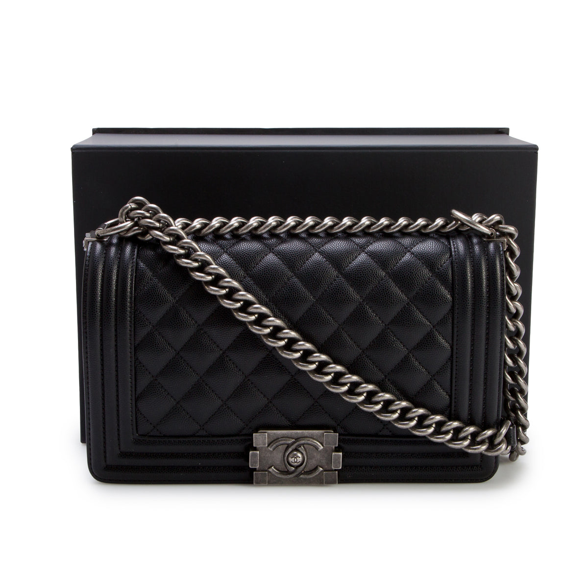 Chanel 2021 Black Quilted Caviar Medium Boy Flap Bag w/ Box & Receipt