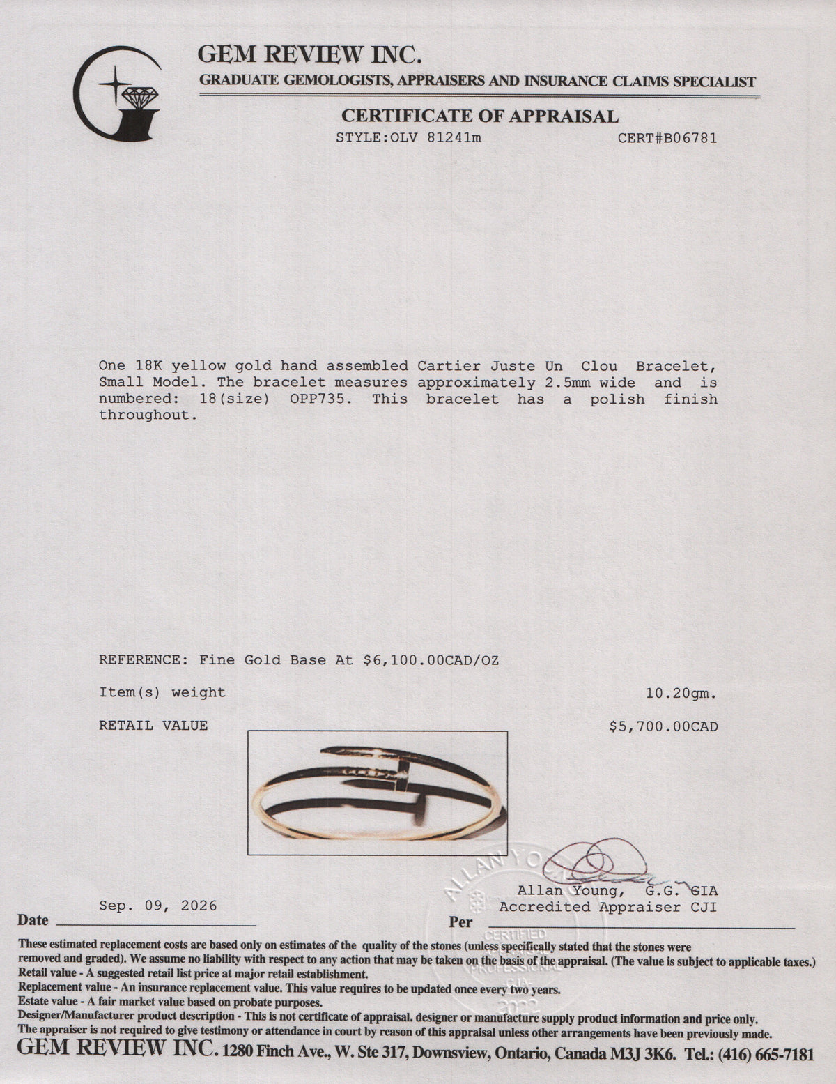 Cartier 2022 18k Yellow Gold Juste Un Clou Bracelet, Small Model Size 18 w/ Box, Receipt & Certificate