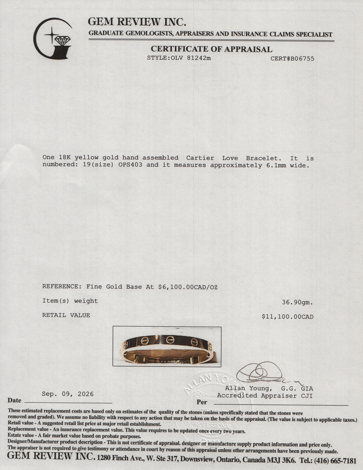 Cartier 2022 18k Yellow Gold Love Bracelet, Classic Model, Size 19 w/ Box, Receipt & Certificate