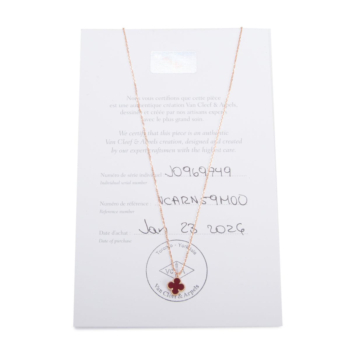 Van Cleef & Arpels 2026 18k Rose Gold Sweet Alhambra Carnelian Pendant Necklace w/ Certificate