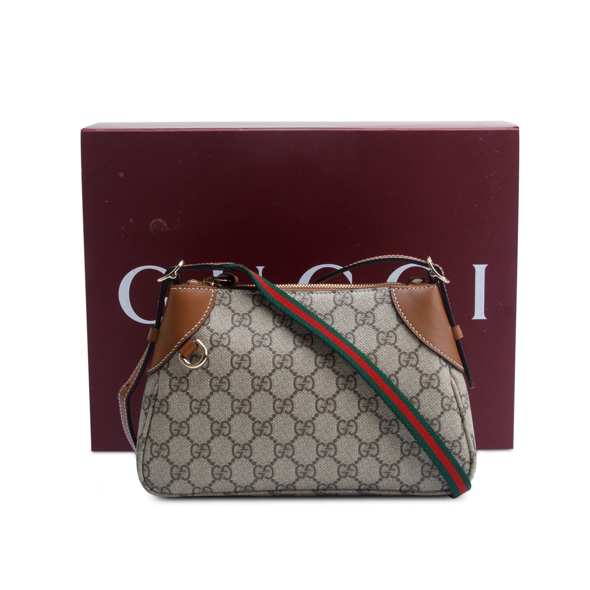 Gucci GG Supreme Monogram Textured Calfskin Small Emblem Shoulder Bag w/ Box & Straps
