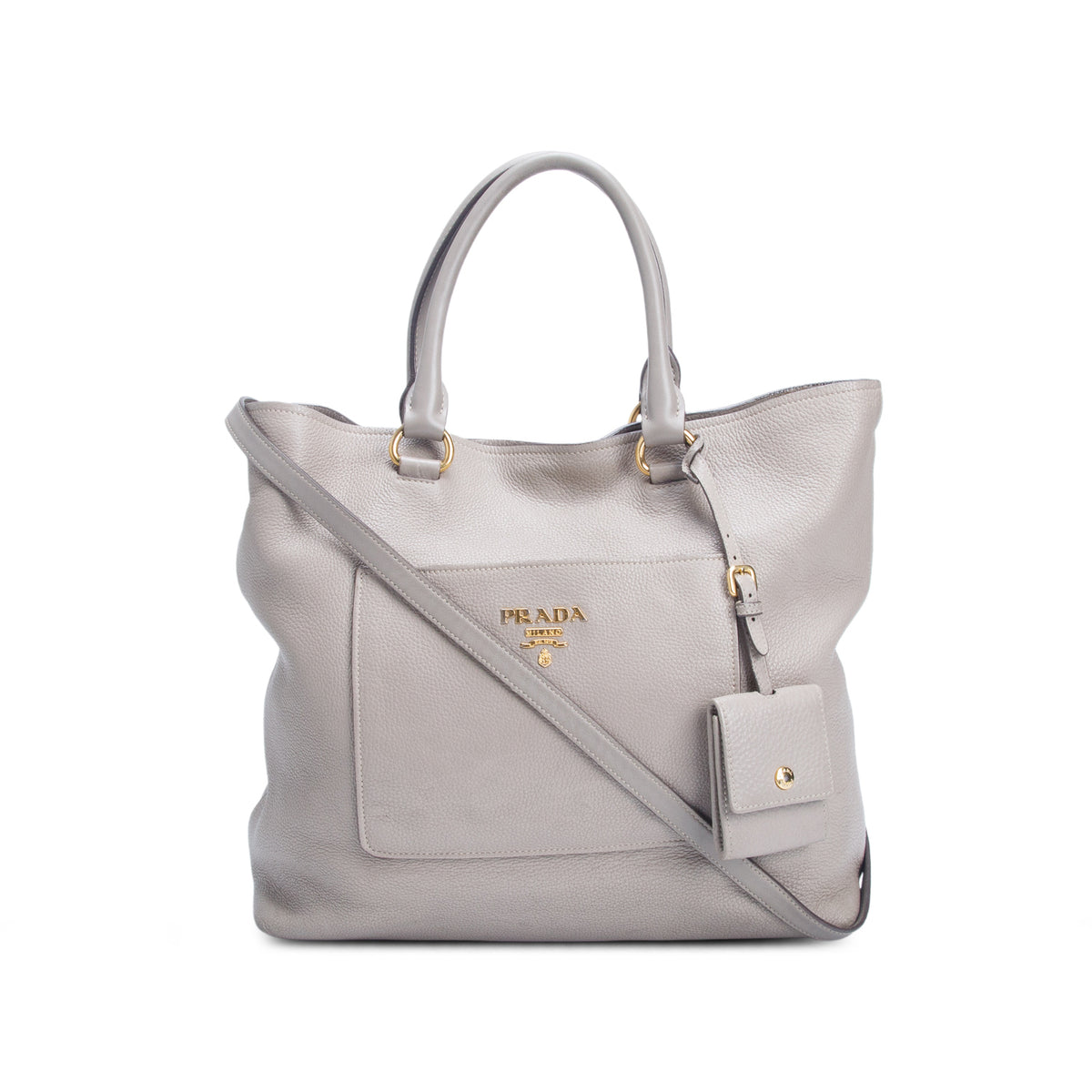 Prada Taupe Vitello Daino Leather Pocket Zip Tote w/ Strap