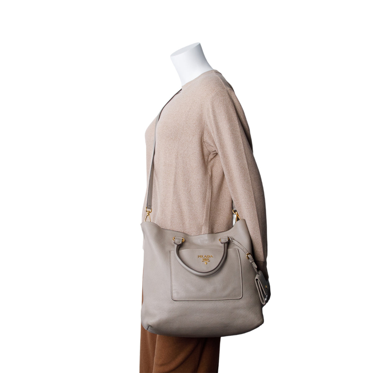 Prada Taupe Vitello Daino Leather Pocket Zip Tote w/ Strap