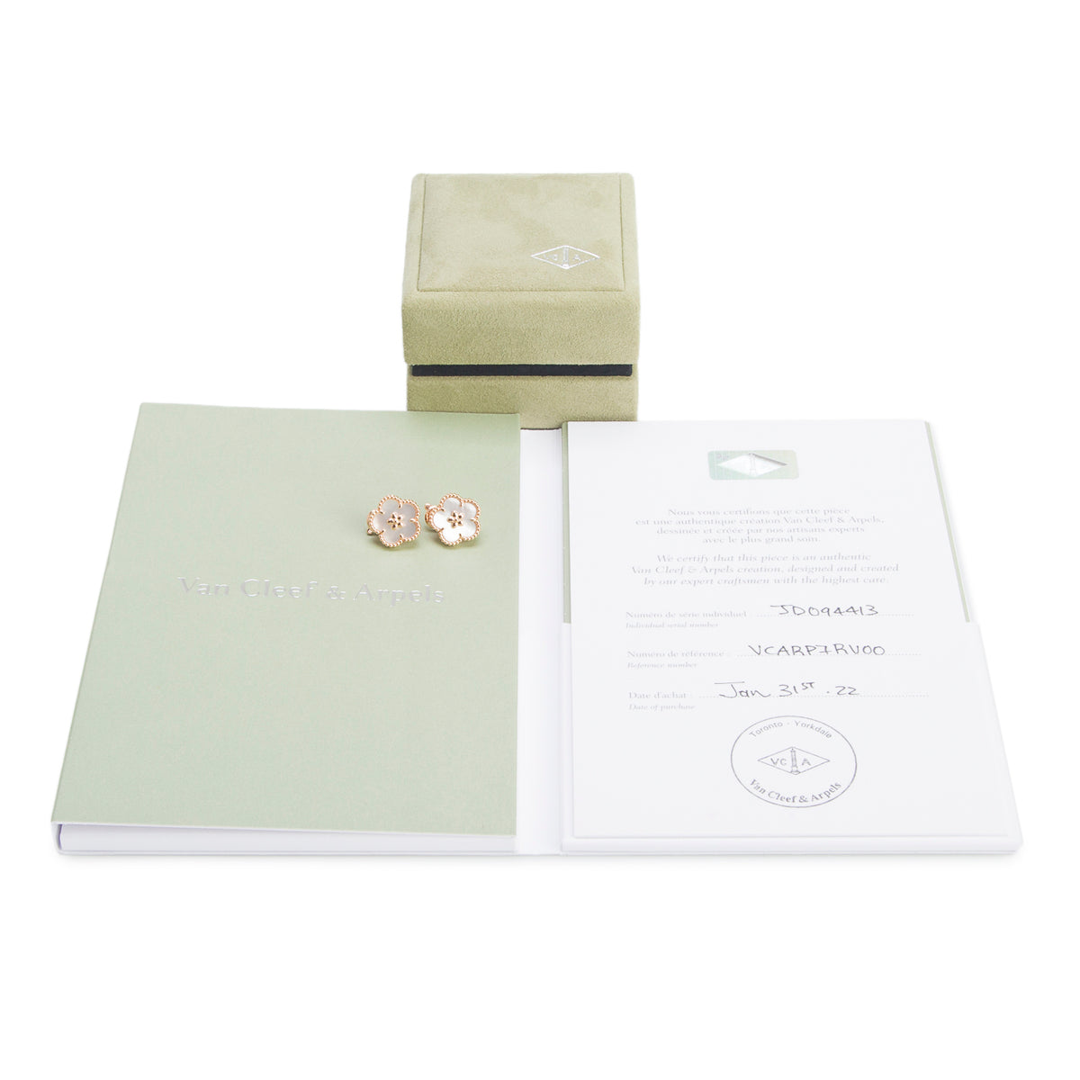 Van Cleef & Arpels 2022 18k Rose Gold Mother of Pearl Plum Blossom Lucky Spring Earrings w/ Box & Certificate