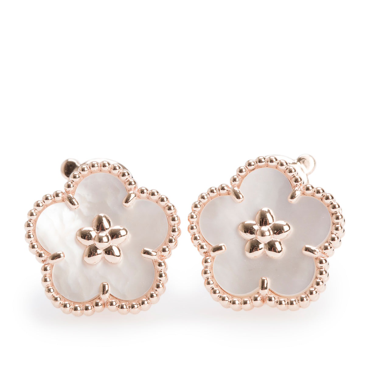 Van Cleef & Arpels 2022 18k Rose Gold Mother of Pearl Plum Blossom Lucky Spring Earrings w/ Box & Certificate