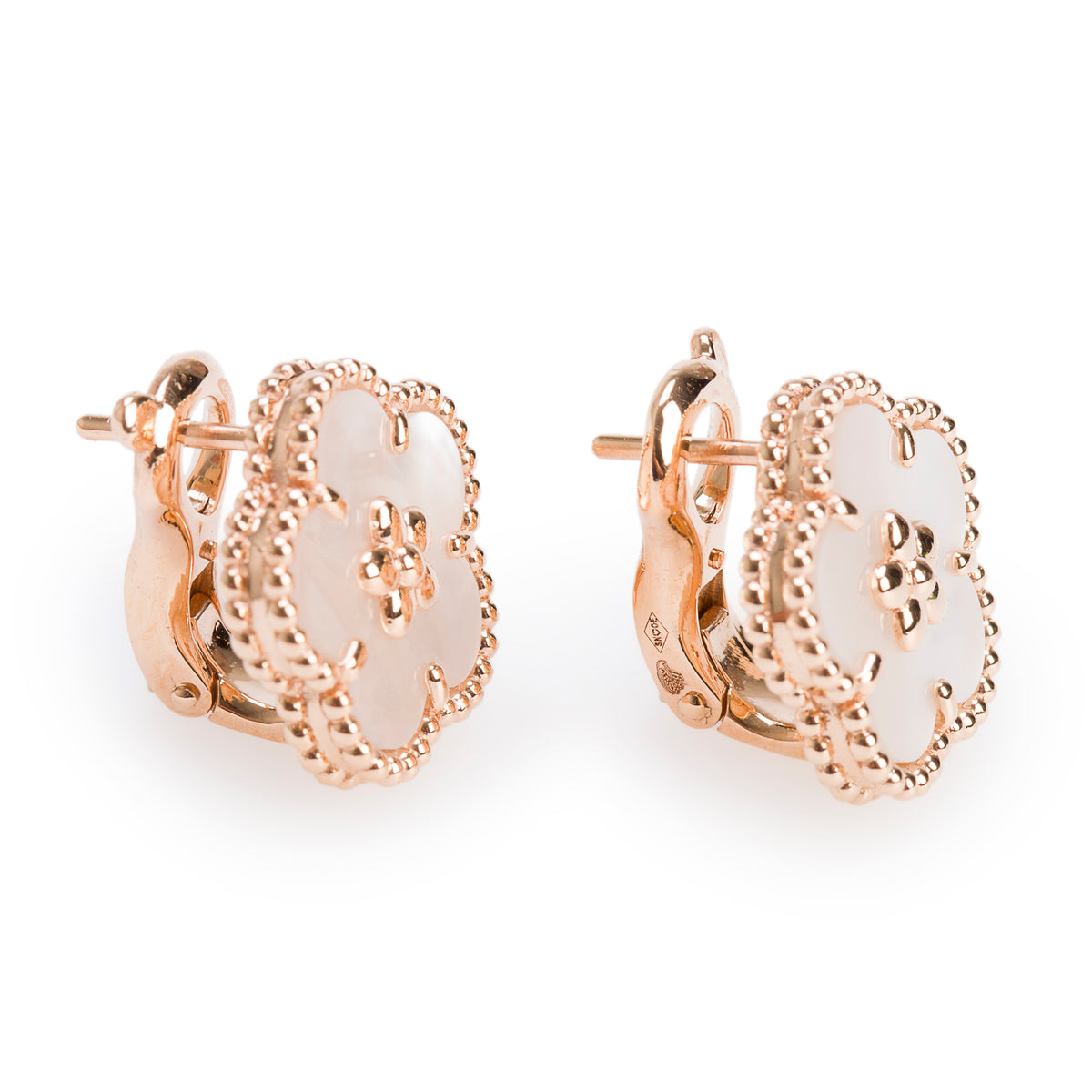Van Cleef & Arpels 2022 18k Rose Gold Mother of Pearl Plum Blossom Lucky Spring Earrings w/ Box & Certificate