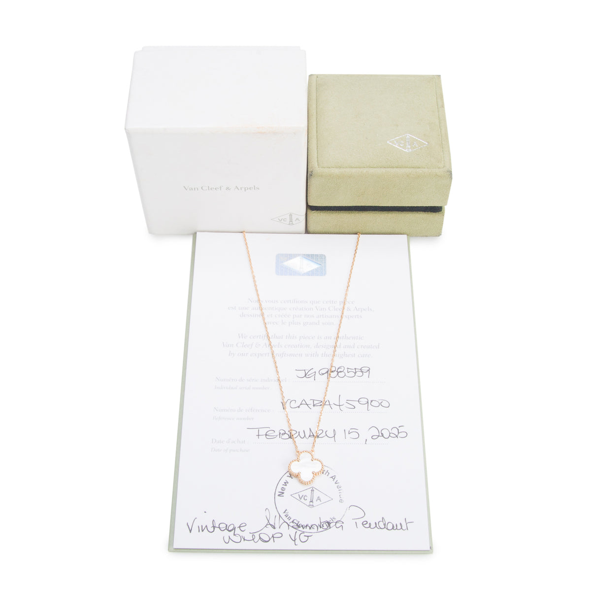 Van Cleef & Arpels 2025 18k Yellow Gold Vintage Alhambra Mother of Pearl Pendant Necklace w/ Box, Receipt & Certificate