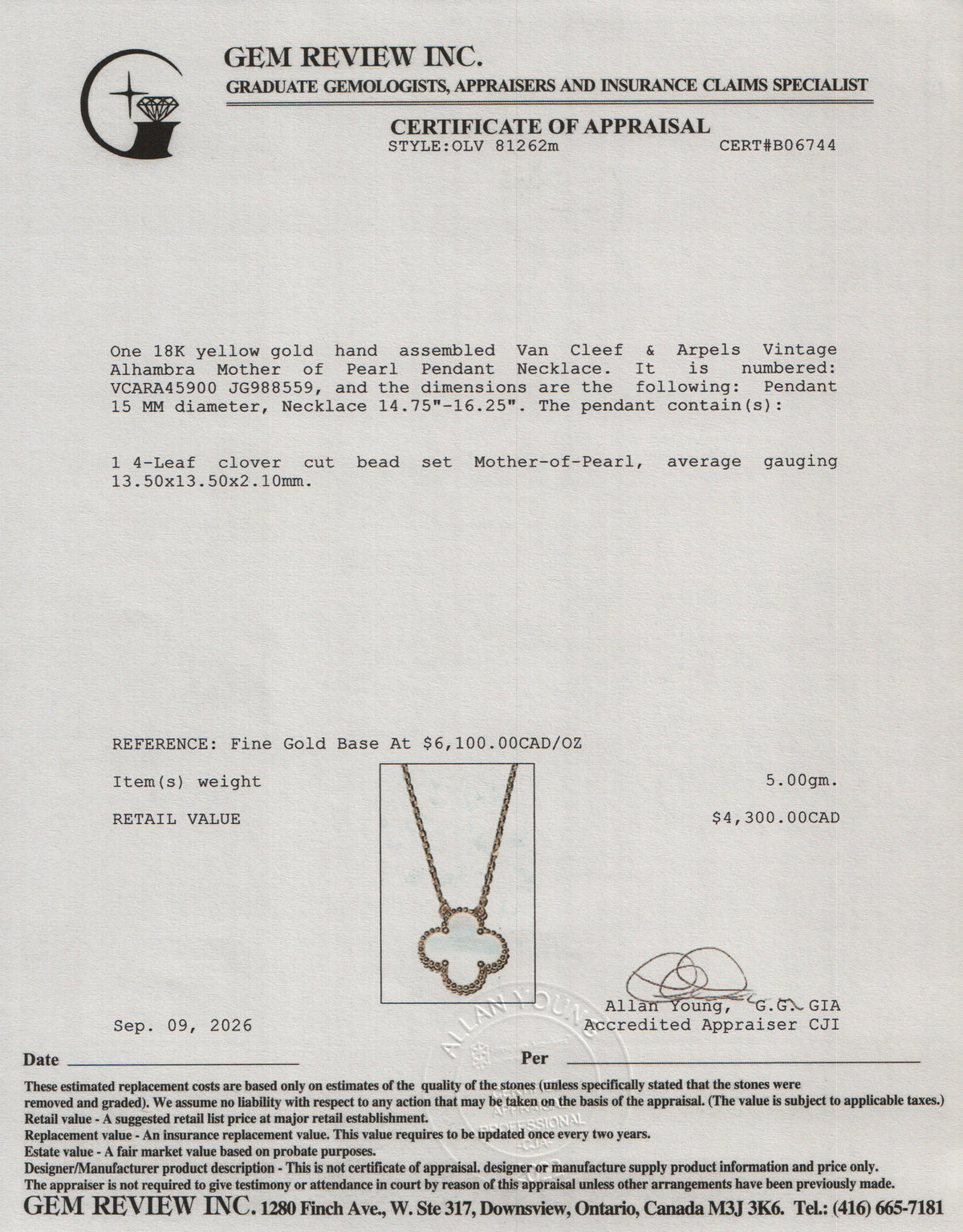 Van Cleef & Arpels 2025 18k Yellow Gold Vintage Alhambra Mother of Pearl Pendant Necklace w/ Box, Receipt & Certificate