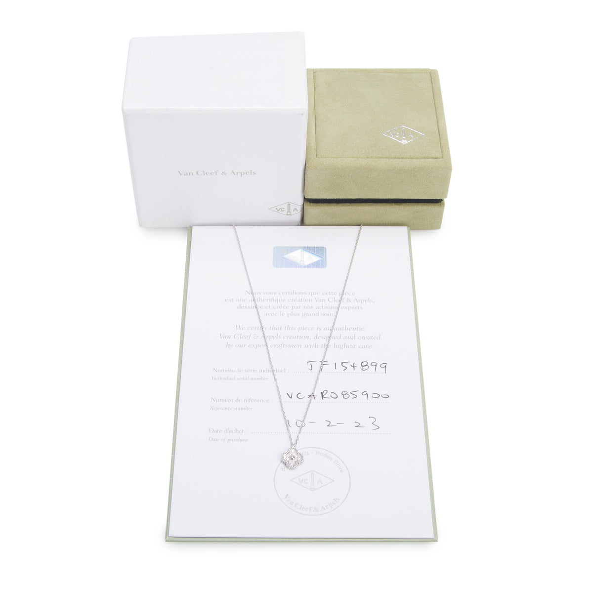 Van Cleef & Arpels 2023 18k White Gold Diamond Sweet Alhambra Pendant Necklace w/ Box & Certificate