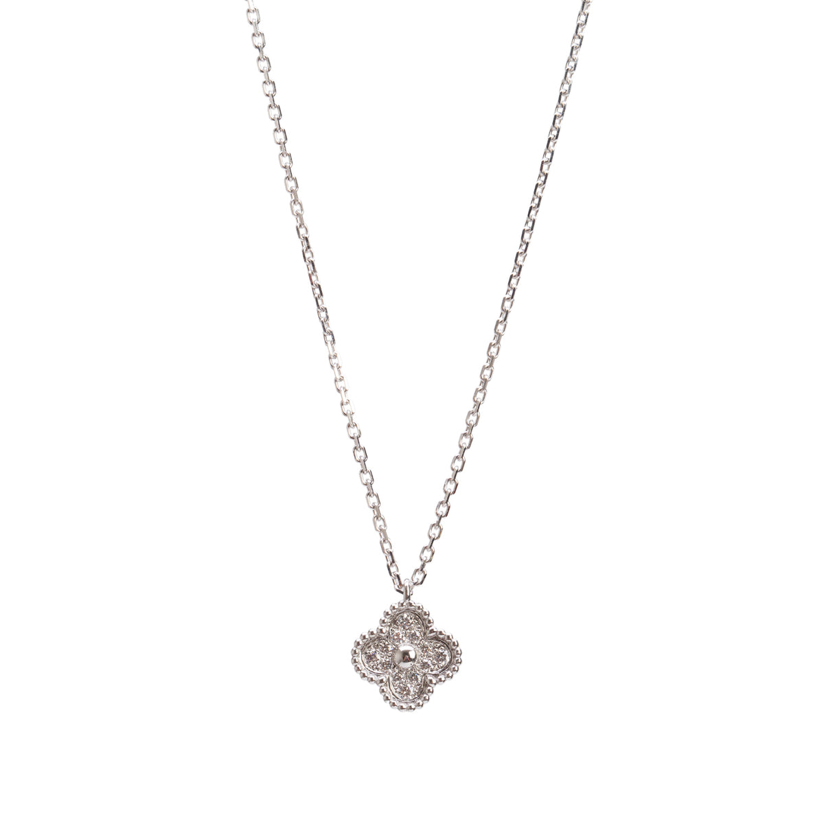 Van Cleef & Arpels 2023 18k White Gold Diamond Sweet Alhambra Pendant Necklace w/ Box & Certificate