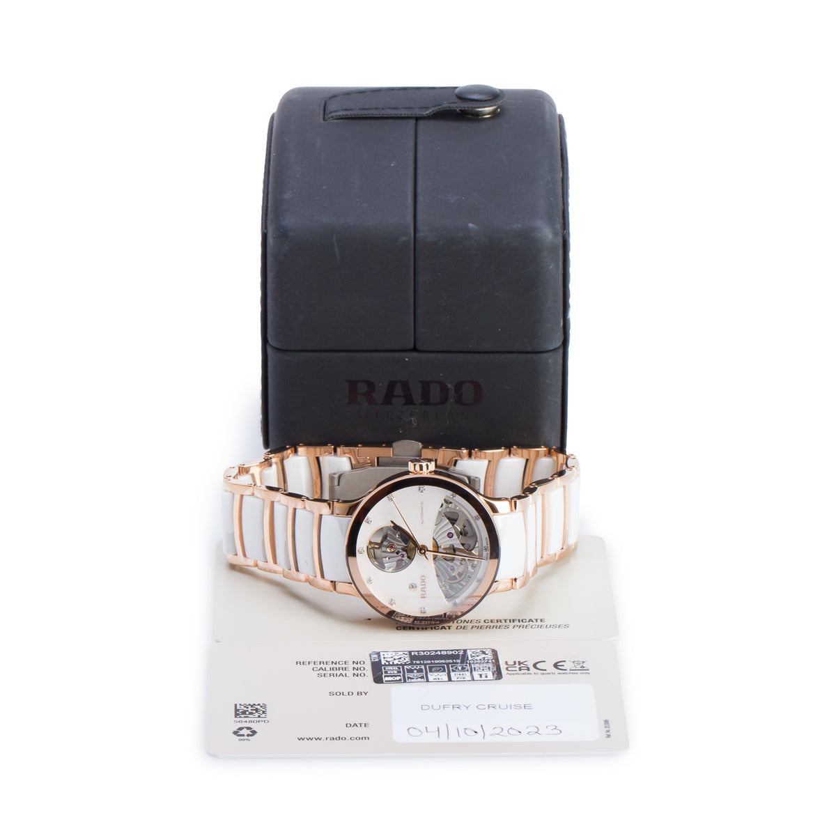 Rado Rose Gold PVD Stainless Steel & White Ceramic Centrix Open Heart 33 MM Automatic Watch Mother of Pearl Diamond Dial w/ Box