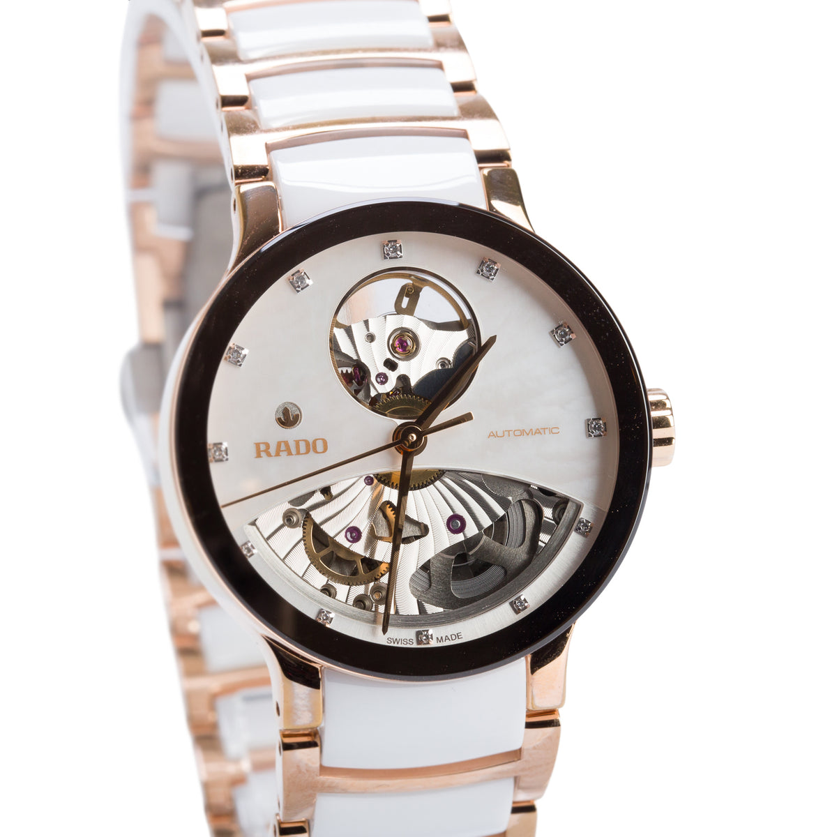 Rado Rose Gold PVD Stainless Steel & White Ceramic Centrix Open Heart 33 MM Automatic Watch Mother of Pearl Diamond Dial w/ Box