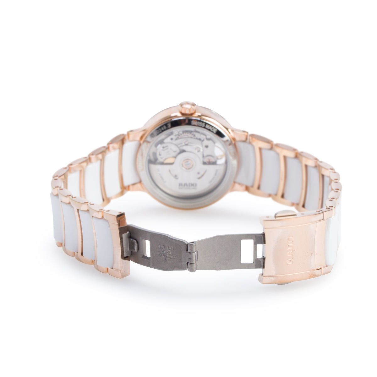 Rado Rose Gold PVD Stainless Steel & White Ceramic Centrix Open Heart 33 MM Automatic Watch Mother of Pearl Diamond Dial w/ Box