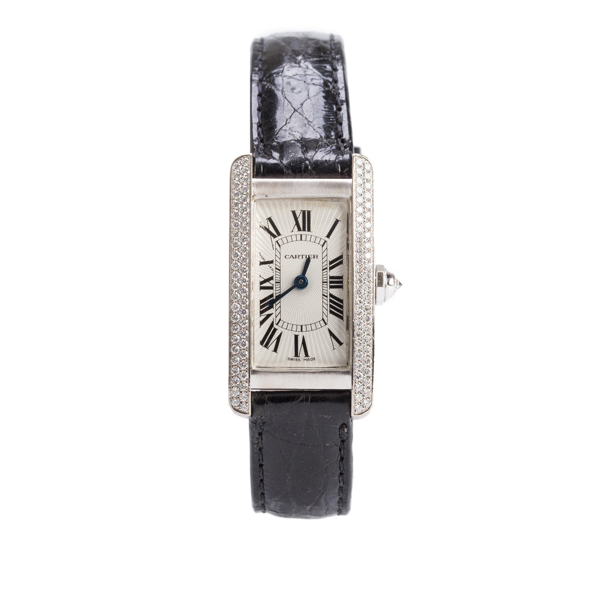 Cartier 18k White Gold Diamond Bezel Tank Americaine Quartz Watch Silver Dial 1713