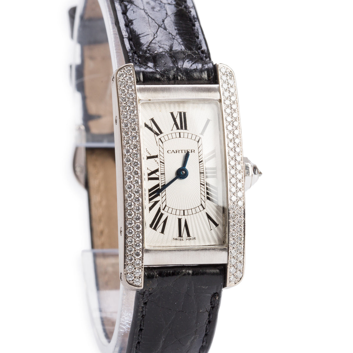 Cartier 18k White Gold Diamond Bezel Tank Americaine Quartz Watch Silver Dial 1713