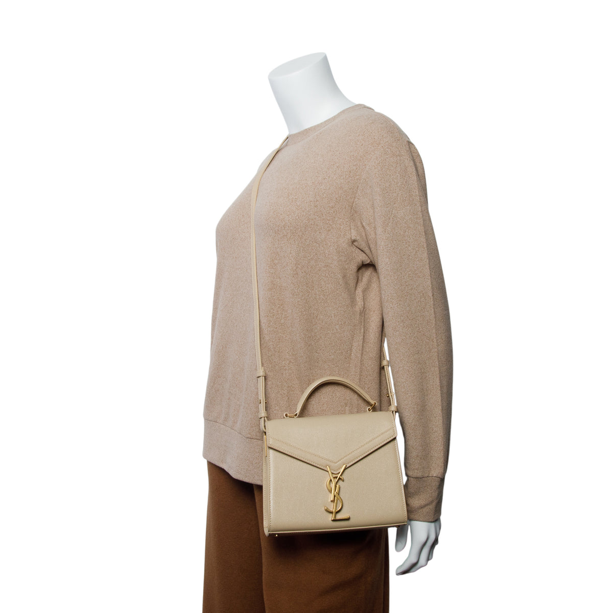 Saint Laurent 2020 Beige Grain de Poudre Mini Classic Monogram Cassandra Top Handle w/ Strap