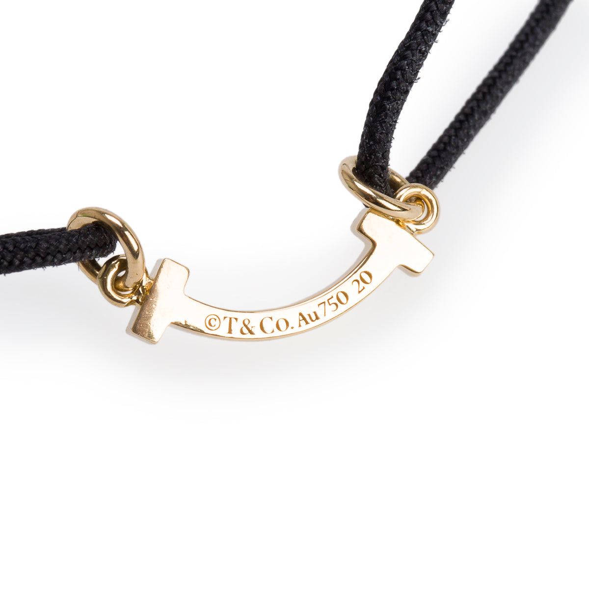 Tiffany & Co. 18k Yellow Gold Mini T Smile Black Cord Bracelet