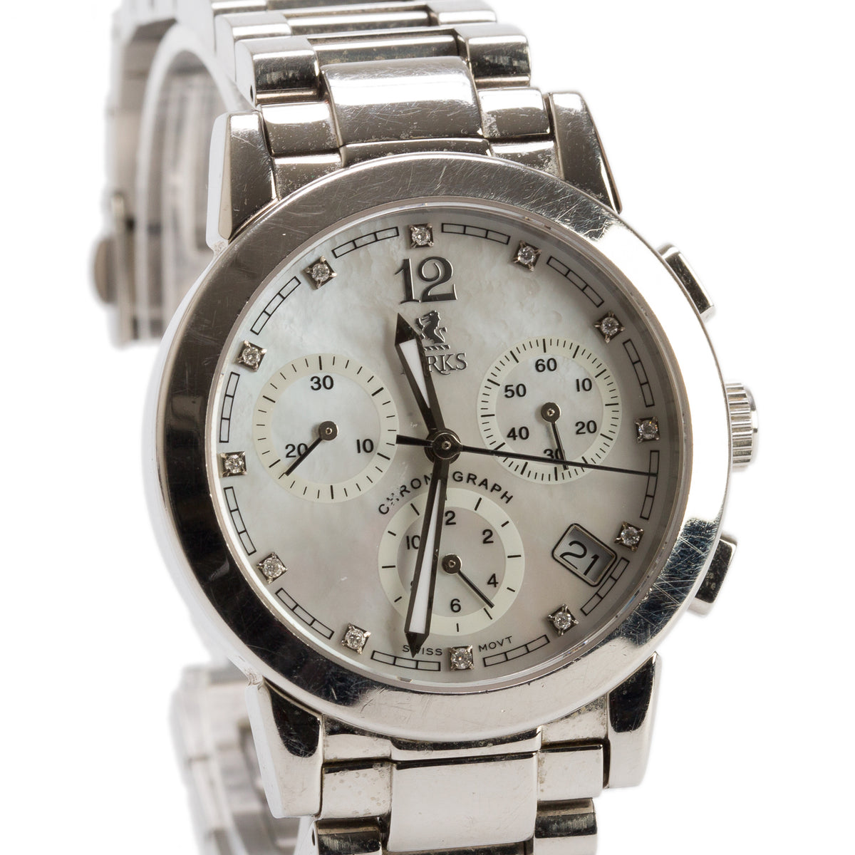 Birks Stainless Steel 34 MM Quartz Chronograph Watch Mother of Pearl Diamond Dial