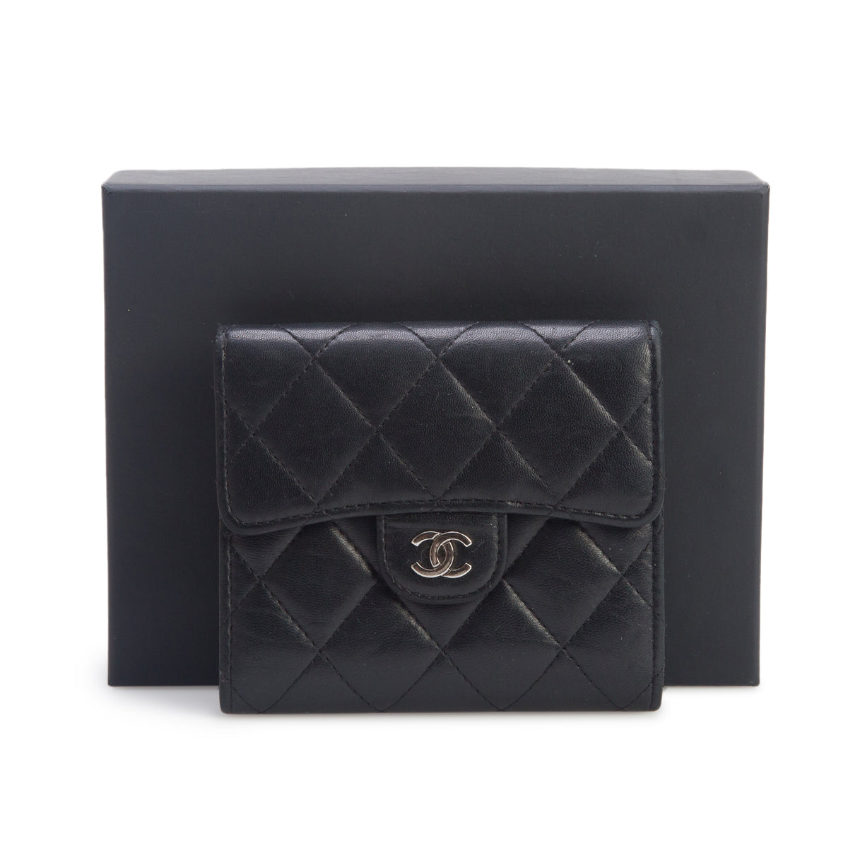 Chanel Black Lambskin Quilted Compact Flap Wallet w/ Box, Authenticity Card & Receipt