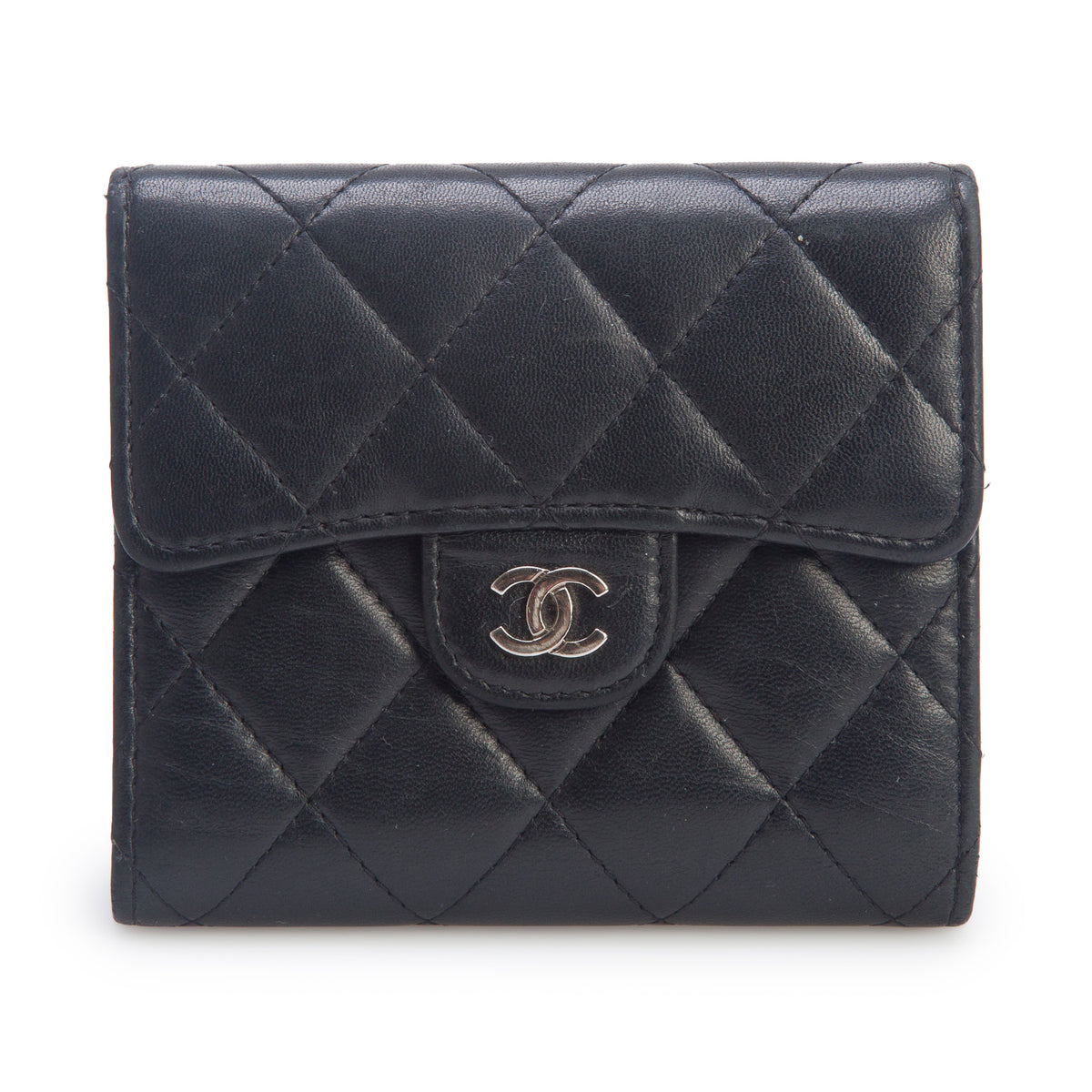 Chanel Black Lambskin Quilted Compact Flap Wallet w/ Box, Authenticity Card & Receipt