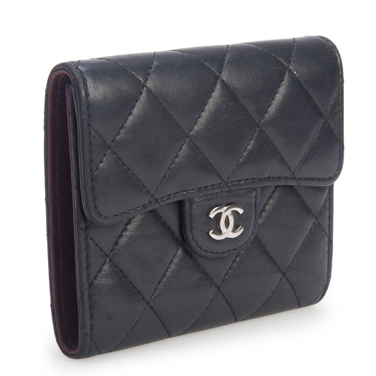Chanel Black Lambskin Quilted Compact Flap Wallet w/ Box, Authenticity Card & Receipt