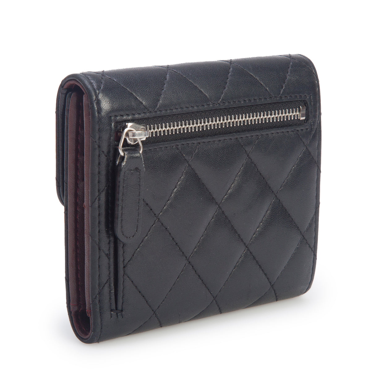 Chanel Black Lambskin Quilted Compact Flap Wallet w/ Box, Authenticity Card & Receipt