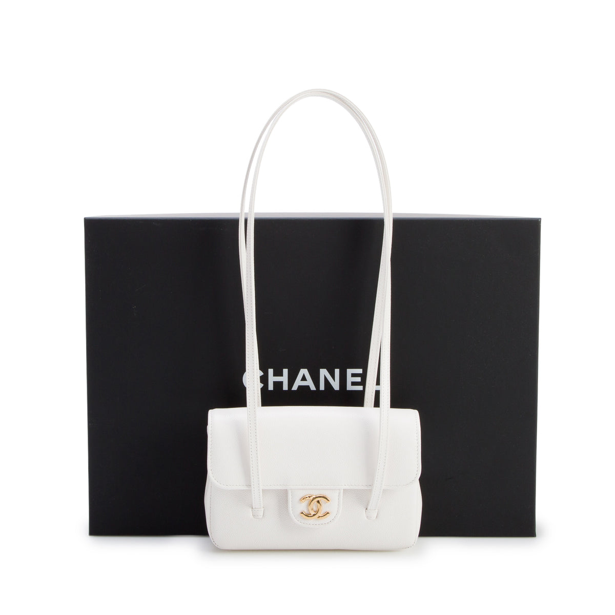 Chanel 2026 White Shiny Caviar Mini Preppy Coco Shoulder Bag w/ Box & Receipt
