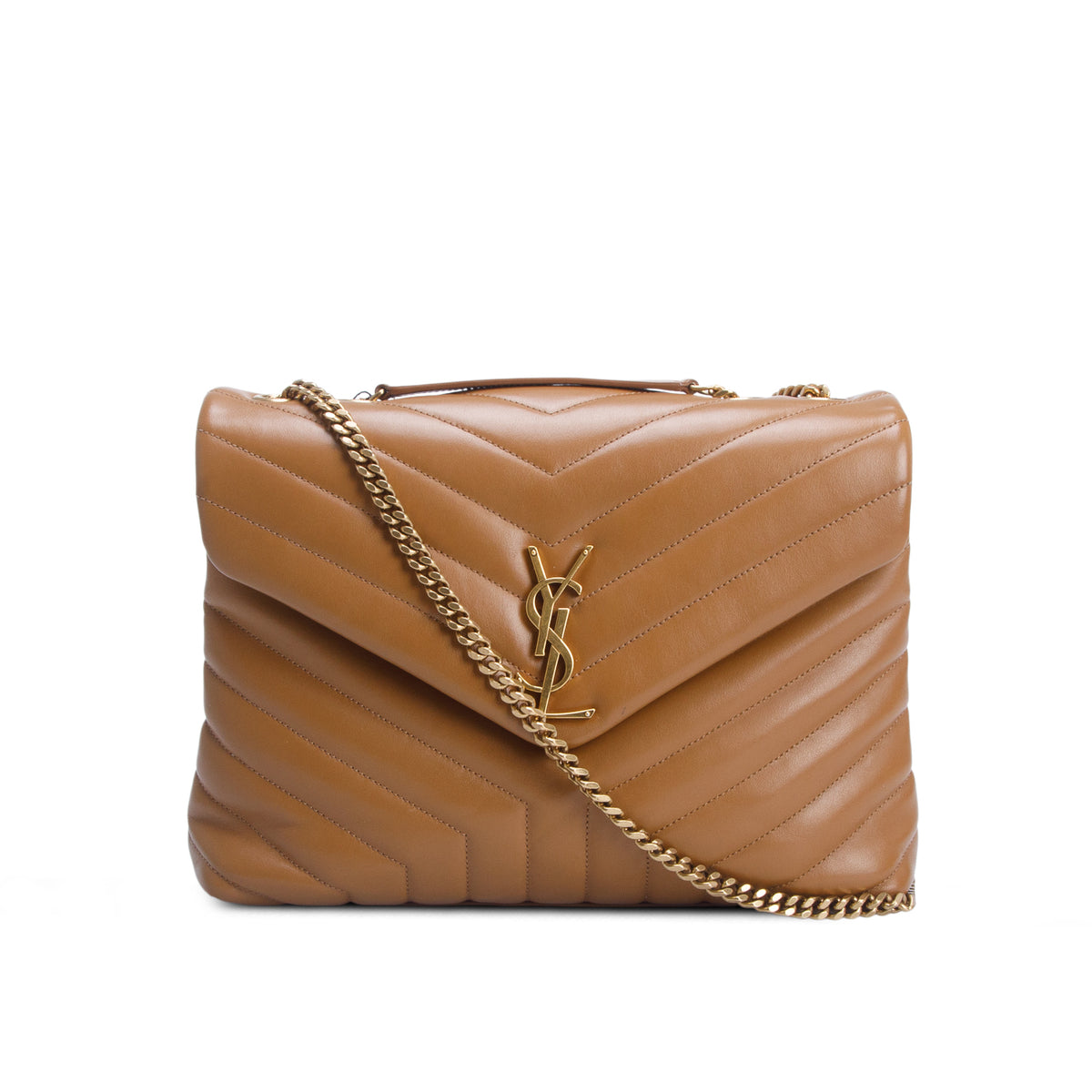 Saint Laurent 2021 Brown Calfskin Y Quilted Monogram Medium Loulou Chain Satchel w/ Box