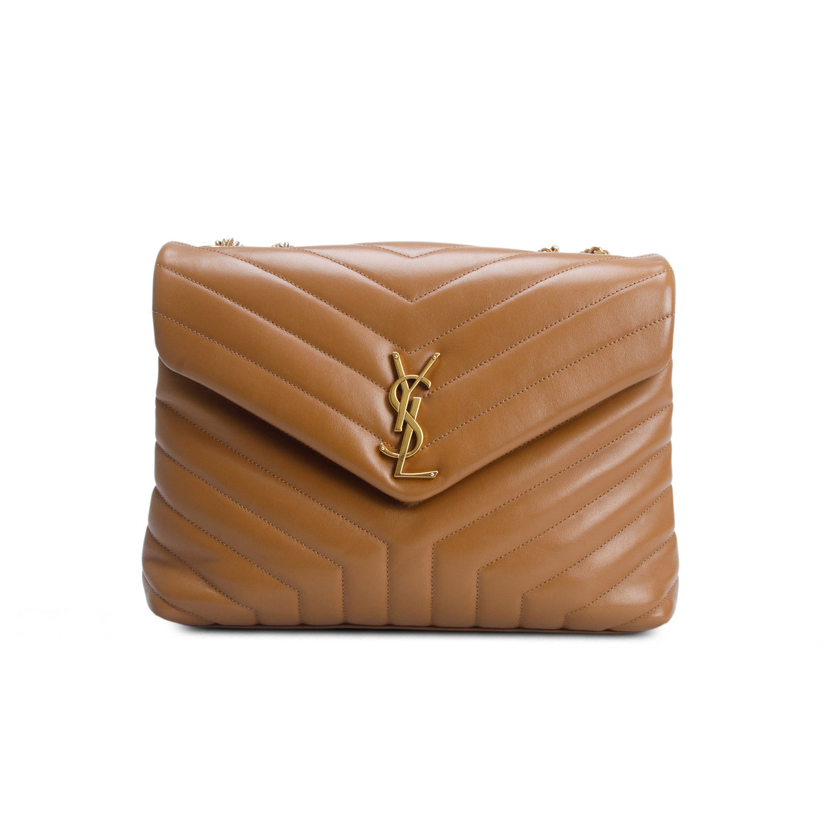 Saint Laurent 2021 Brown Calfskin Y Quilted Monogram Medium Loulou Chain Satchel w/ Box