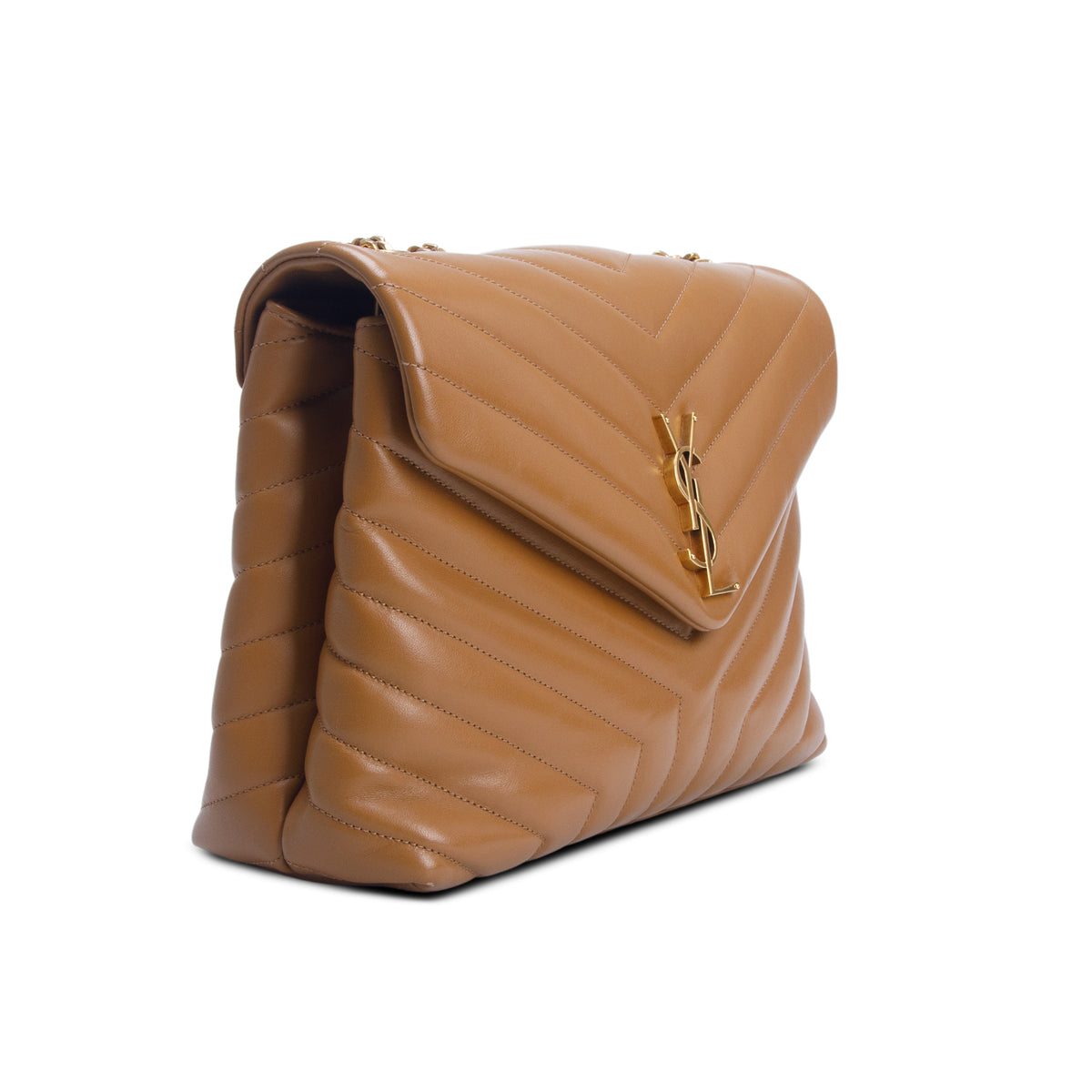 Saint Laurent 2021 Brown Calfskin Y Quilted Monogram Medium Loulou Chain Satchel w/ Box