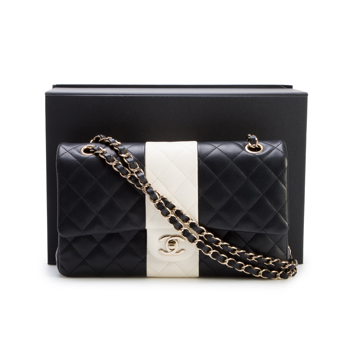Chanel 2022 Black/White Quilted Lambskin Leather Classic Medium Double Flap Bag w/ Box, Authenticity Card & Receipt