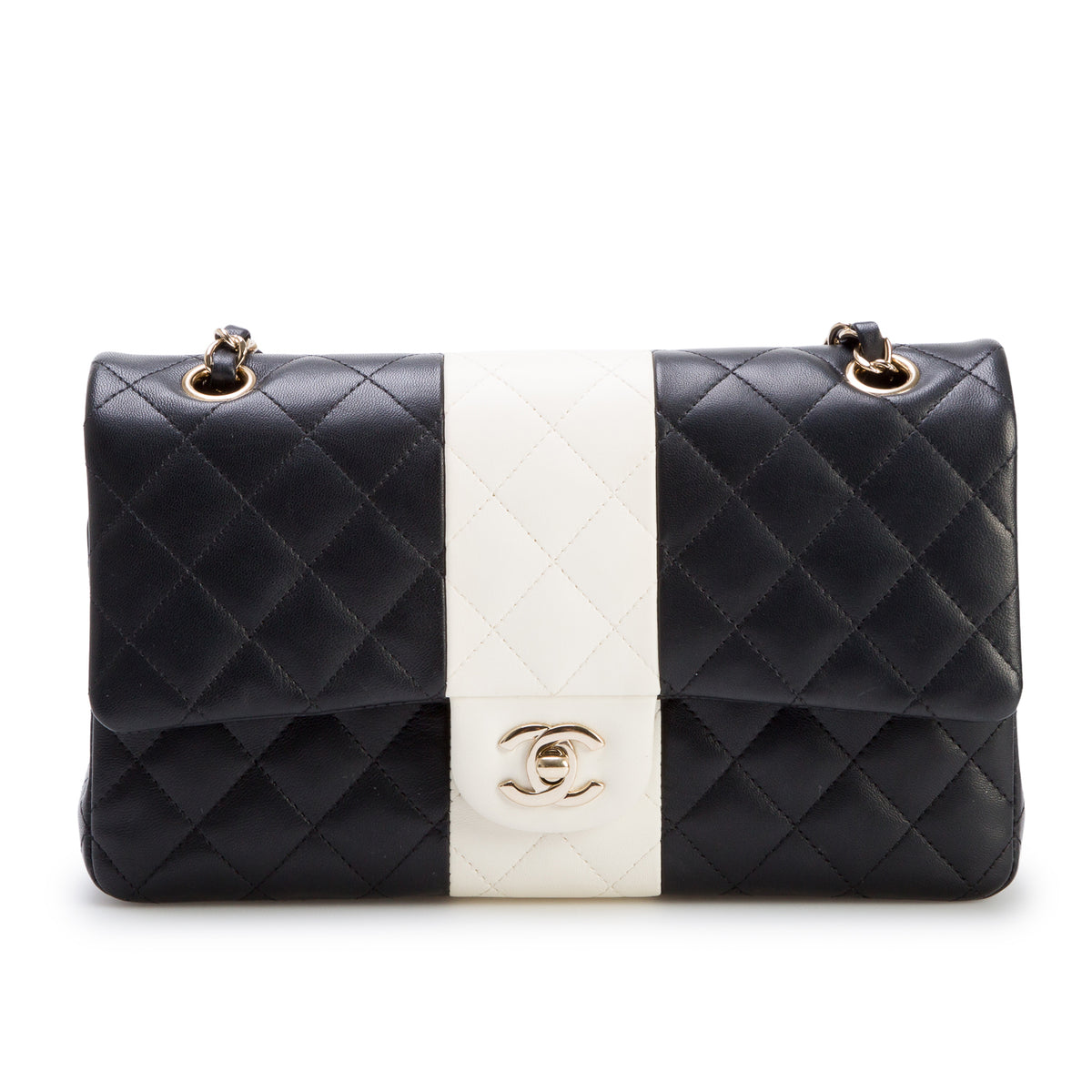 Chanel 2022 Black/White Quilted Lambskin Leather Classic Medium Double Flap Bag w/ Box, Authenticity Card & Receipt