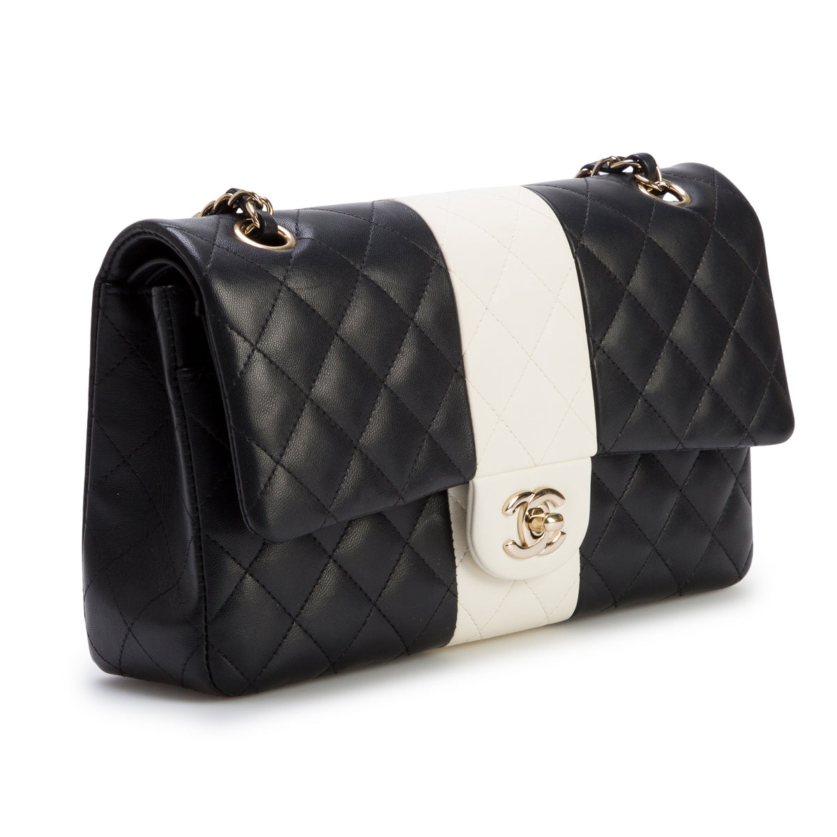 Chanel 2022 Black/White Quilted Lambskin Leather Classic Medium Double Flap Bag w/ Box, Authenticity Card & Receipt