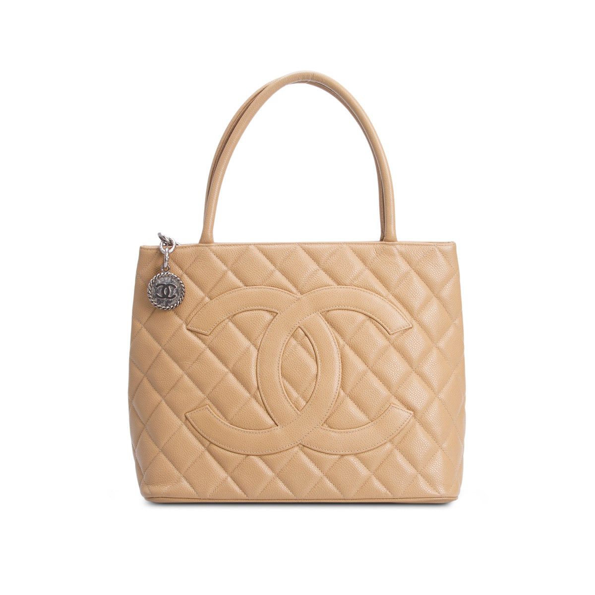 Chanel Vintage Beige Quilted Caviar Leather Medallion Tote